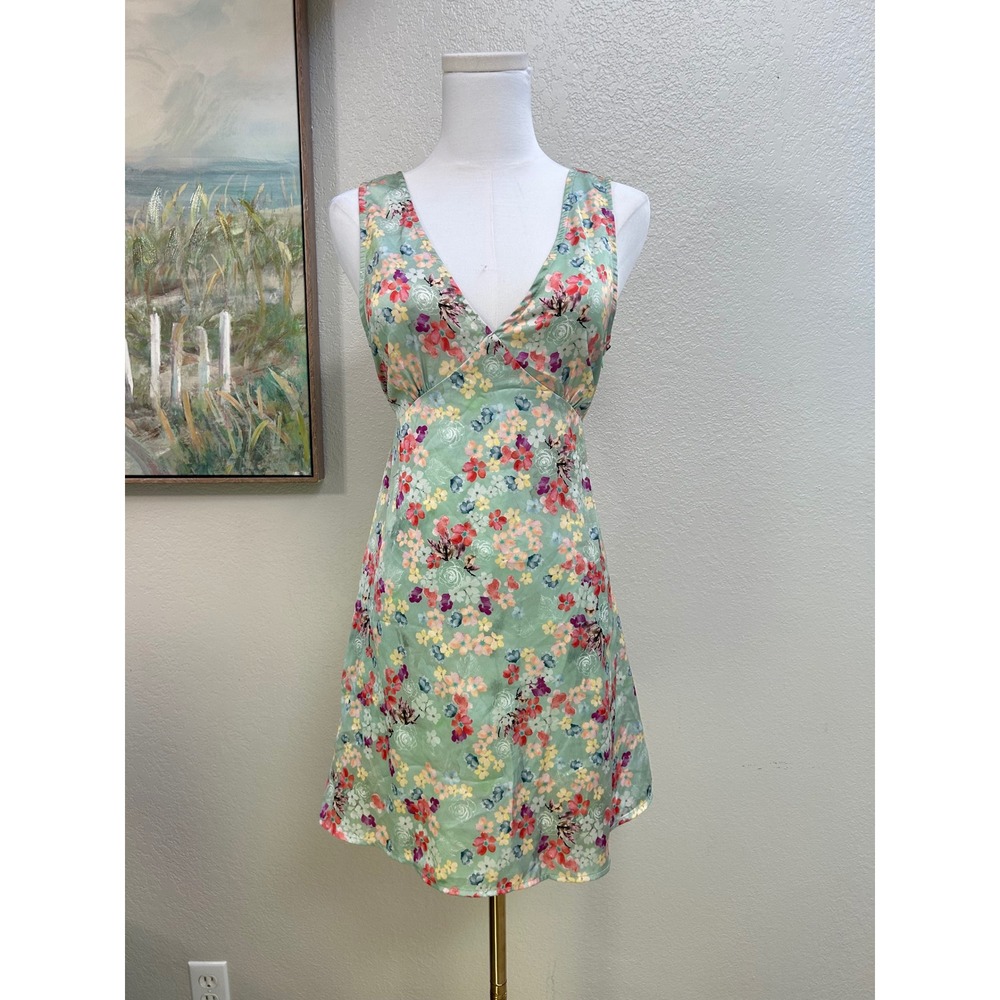 Emory Park Sage Green Floral Satin Open Back Mini Dress Small